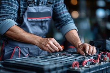 Mechanic's hands expertly connect wires on a large battery module. Perfect for illustrating EV repair, renewable energy, and technology.
