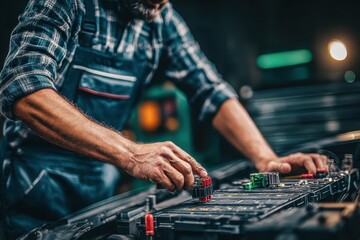 Man in overalls adjusts modules in a vehicle's battery system. Highlights electric vehicle service, diagnostics, and battery maintenance.
