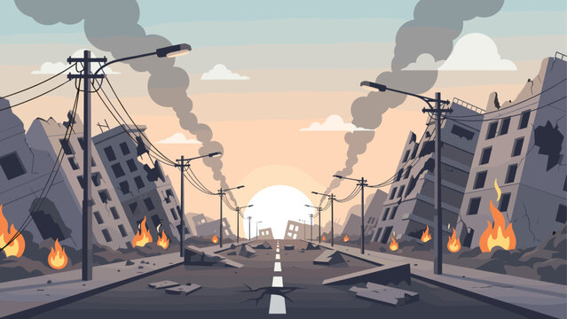 Desolate urban aftermath with crumbling buildings and fires at sunset