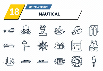 nautical icons set - ship engine, skull and bones, sailor, life preserver, buoys outline vector collection. © IconArt