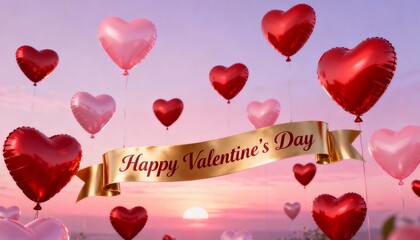 Valentine's Day Celebration with Balloons and Sunset