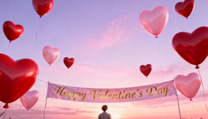 Celebratory Valentine's Day Balloon Arch with Pink Sunset Sky