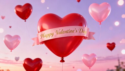 Celebratory Valentine's Day Balloon Bouquet Against a Sunset Sky