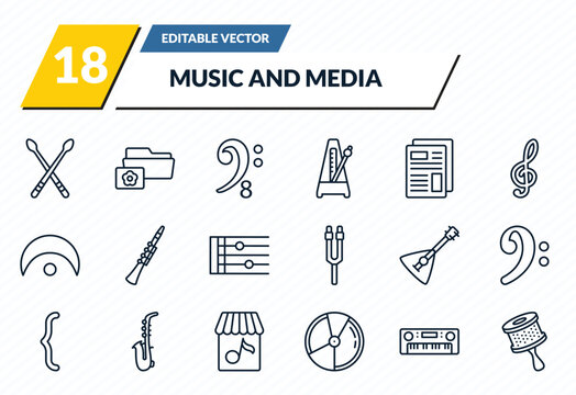 music and media icons set - drumsticks, image archive, octave clef, synthesizer, cabasa outline vector collection.