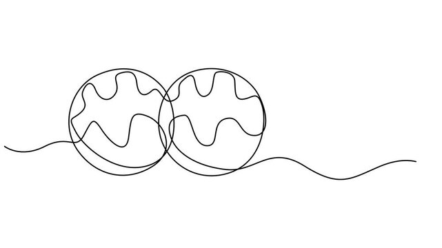 Animated self drawing of continuous line draw stylized Japanese takoyaki ball logo label. Emblem seafood restaurant concept. Full length one line animation, Modern one line draw design vector pro.