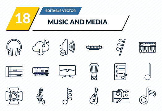 music and media icons set - music player headphones, downloaded music cloud, low volume speaker, bass clef, flat outline vector collection.