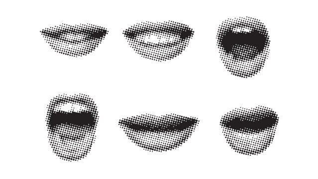 Halftone art collage cut outs set. Vector set with mouth.