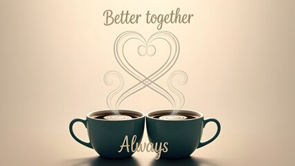 Obraz premium Two green coffee cups with heart design and Better together text on beige background