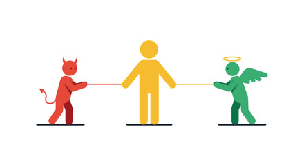 inner conflict and moral dilemma pulling a person between good and evil depicting conscience versus temptation for ethical concepts and psychology.