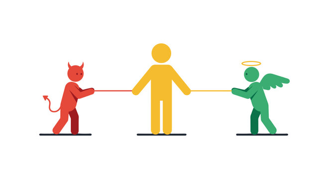 inner conflict and moral dilemma pulling a person between good and evil depicting conscience versus temptation for ethical concepts and psychology.