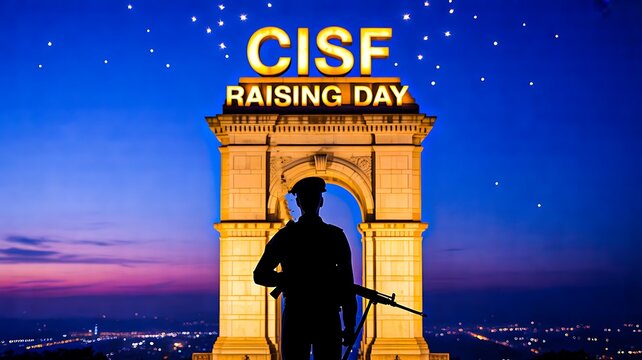 Cisf raising day tribute with soldier silhouette and monument
