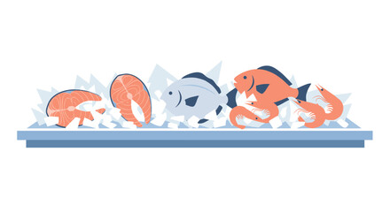 A vibrant illustration showcases a fresh seafood display with various fish and salmon fillets arranged on ice, perfect for grocery store promotions.
