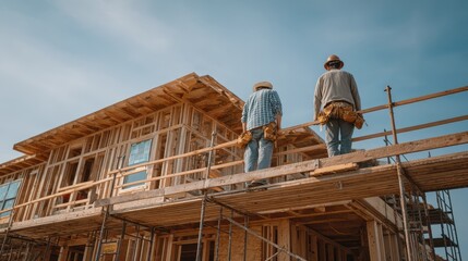 Two construction workers stand on scaffolding before a house frame. Perfect for home building, housing market, or skilled labor.