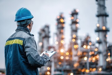 Worker in hard hat records data at glowing industrial plant background. Highlights safety protocols, quality control, and engineering tasks.