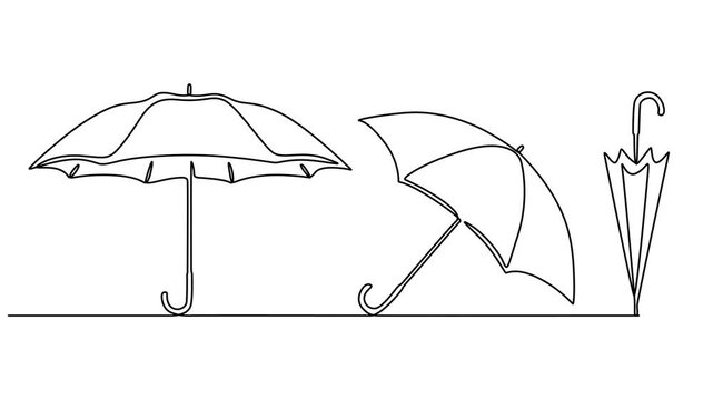 Abstract three open umbrella. Self drawing animation one continuous line draw, logo, Animated self drawing of continuous line draw of umbrella. Full length one line animation. 4K, Self drawing line.