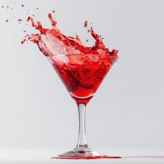 Red liquid splashes from martini glass against a pale background