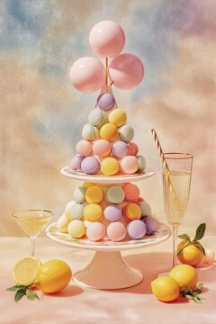 Macaron tower with lemon drink. Pastel sweets on a cake stand. Soft lighting