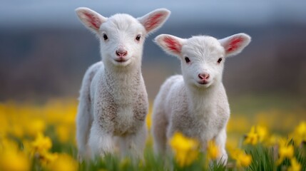 Obraz premium Two baby lambs standing in a field of yellow flowers