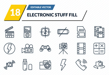electronic stuff fill icons set - clapperboard, portable music player, video file list, phone receiver, flip camera outline vector collection. © IconArt