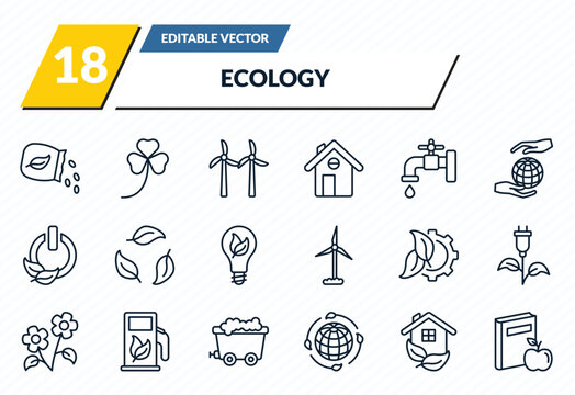 ecology icons set - seeds, shamrock, wind mill, ecological house, and books outline vector collection.