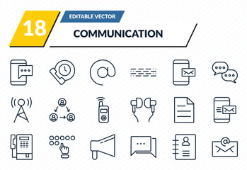 communication icons set - mobile chat, time call, arroba, contacts, emails outline vector collection. © IconArt