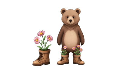 Cute cartoon bear with flowers growing out of hiking boots for spring nature design isolated PNG with Transparent Background