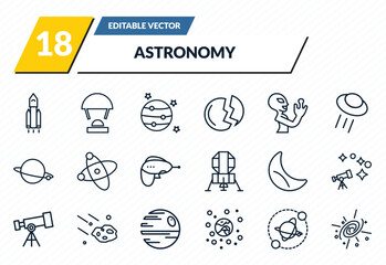 astronomy icons set - space shuttle, capsule parachute, jupiter with satellite, planets, supernova outline vector collection. © IconArt