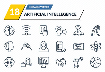 artificial intellegence icons set - deformity, infrared, biometrics, solar energy car, ball outline vector collection. © IconArt