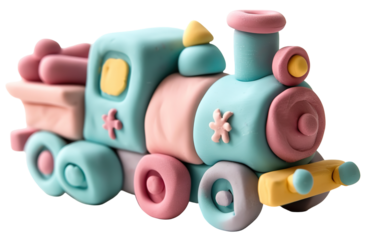 A train engine design made of plasticine with bright colors and chunky shapes is shown. The background is transparent, making it easy to use for different purposes