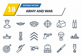 army and war icons set - officer, air force, knuckle, combat knife, veteran outline vector collection. © IconArt
