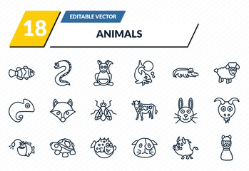 animals icons set - clown fish, moray, kangaroo, boar, lama outline vector collection. © IconArt