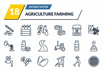 agriculture farming icons set - legume, harvest, vegetables, farmer hoeing, riddle tool outline vector collection. © IconArt
