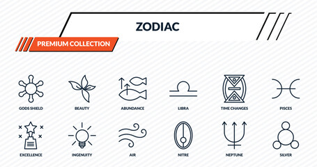 zodiac icons set - gods shield, beauty, abundance, ingenuity, silver outline vector collection. © IconArt