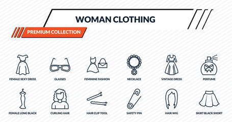 woman clothing icons set - female sexy dress, glasses, feminine fashion, curling hair, skirt black short outline vector collection.