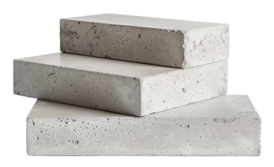 Three concrete blocks arranged in a podium style showcasing a brutalist minimalism design. The focus is on their unique texture and clean lines with no distractions in the background