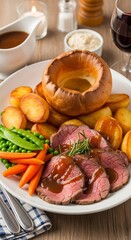 Traditional Sunday Roast Dinner with Yorkshire Pudding and Vegetables.