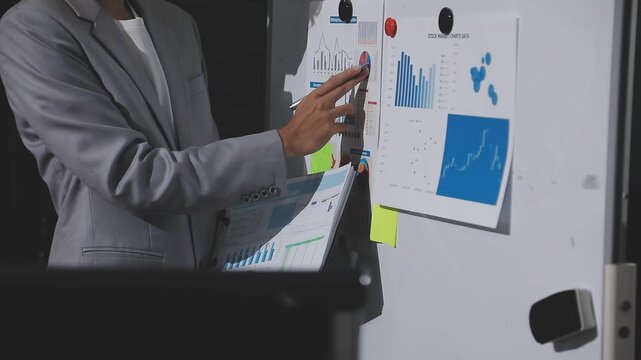 Asian male financial officer or accountant checking investment results Financial budget analysis Planning to summarize results and report to the meeting Audit concept and investment results.