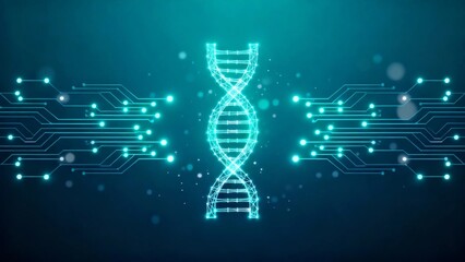 Abstract glowing DNA strand with circuit connections, genome technology, molecular biology, AI data processing and futuristic medical research background