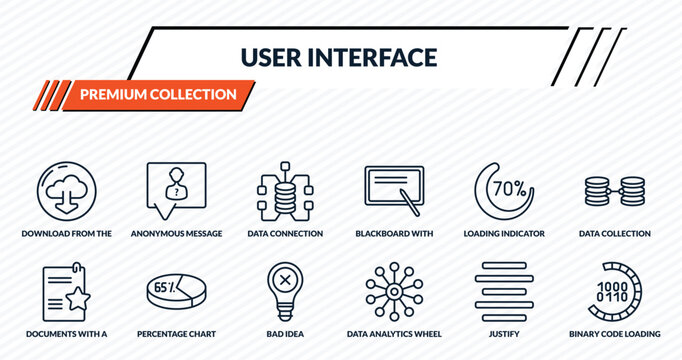 user interface icons set - download from the cloud, anonymous message, data connection, percentage chart, binary code loading outline vector collection.