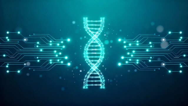 Abstract glowing DNA strand with circuit connections, genome technology, molecular biology, AI data processing and futuristic medical research background - Powered by Adobe