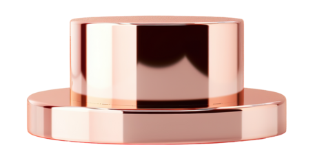 This podium features metallic surfaces that reflect warm light, designed for use in presentations or exhibitions. Its transparent background allows for versatility in design