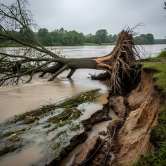 Eroded Riverbank with Fallen Tree After Flood.