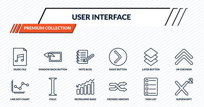 user interface icons set - music file, window back button, note blog, italic, superscript outline vector collection.