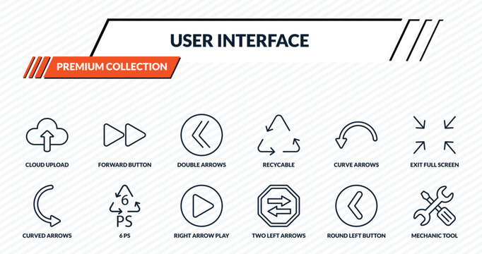 user interface icons set - cloud upload, forward button, double arrows, 6 ps, mechanic tool outline vector collection.
