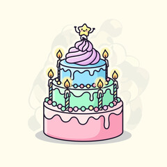 Celebratory three-tiered birthday cake with lit candles and star decoration viewed from the front in a minimalist environment