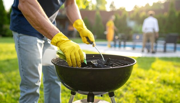 A person with yellow gloves cleans a black grill with charcoal while others lounge by a pool in a sunlit backyard