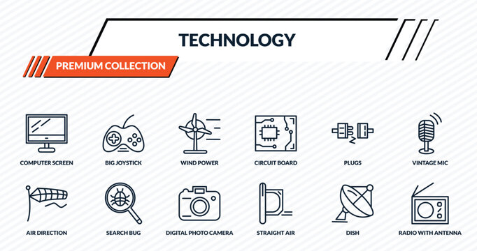 technology icons set - computer screen linux, big joystick, wind power, search bug, radio with antenna outline vector collection.