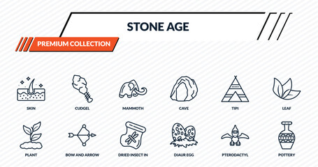 stone age icons set - skin, cudgel, mammoth, bow and arrow, pottery outline vector collection. © IconArt