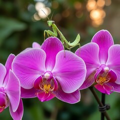 Praying Mantis on Vibrant Orchid Blooms in Natural Light.