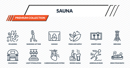 sauna icons set - splashing, warming-up time, hamam, light stimulation, irish steam bath outline vector collection. © IconArt